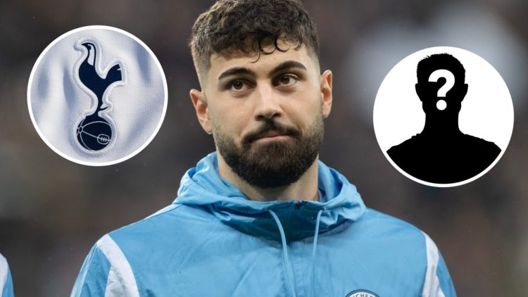 Manchester City defender Josko Gvardiol ahead of Premier League match. Inset of Tottenham badge and mystery player.