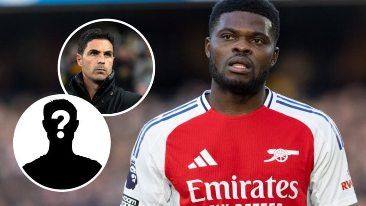 Thomas Partey during an Arsenal match. Inset Mikel Arteta and a question mark.