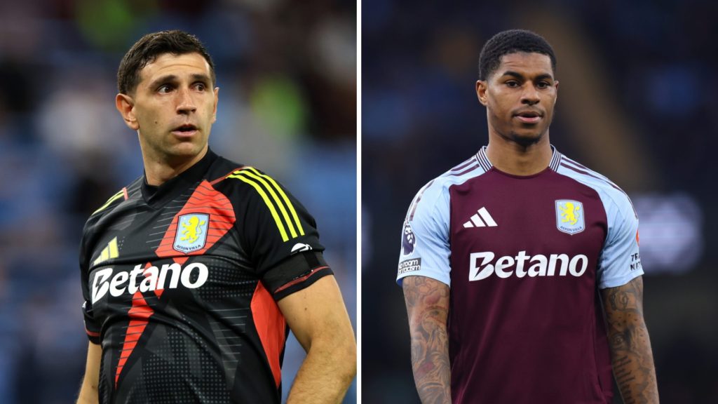 Split image of (L) Emiliano Martinez and (R) Marcus Rashford both looking on during Aston Villa games