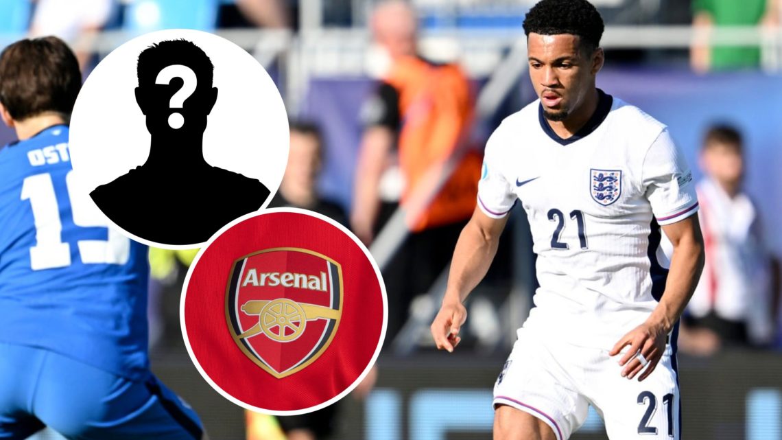 Ethan Nwaneri playing for England U21s. Inset, Arsenal badge and a question mark.
