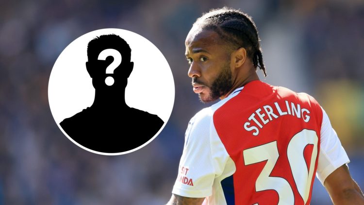 Raheem Sterling in action for Arsenal during a Premier League clash against Everton at Goodison Park with mystery figure inset