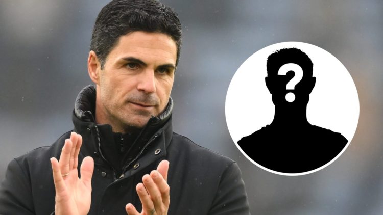 Mikel Arteta applauds during an Arsenal match. Inset, question mark.