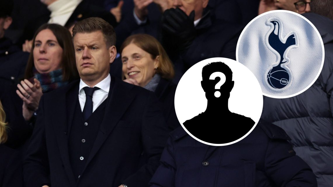 Tottenham Hotspur sporting director Johan Lange ahead of Premier League match, Inset of mystery player and Spurs badge.