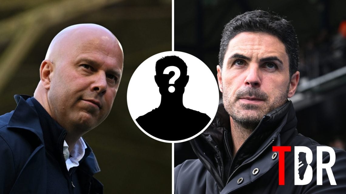 Split image of Liverpool manager Arne Slot and Arsenal manager Mikel Arteta with inset of mystery silhouette