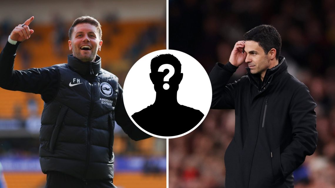 Split image of Brighton manager Fabian Hurzeler and Arsenal manager Mikel Arteta with mystery silhouette inset
