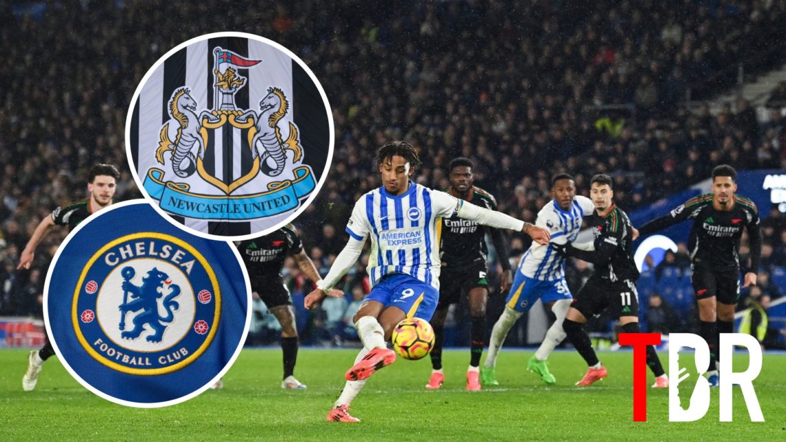 Brighton & Hove Albion forward Joao Pedro with insets of Newcastle United and Chelsea badges