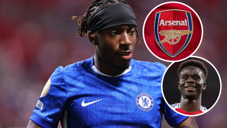 Noni Madueke during a FIFA Club World Cup clash between Chelsea and Los Angeles, Bukayo Saka and Arsenal badge inset