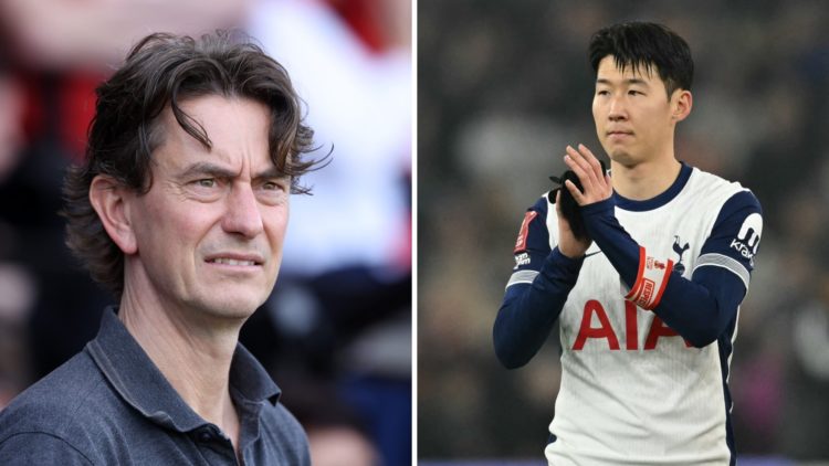 Split image of (L) new Tottenham manager Thomas Frank looking on when he was the Brentford boss and (L) Spurs captain Son Heung-min applauding the ...