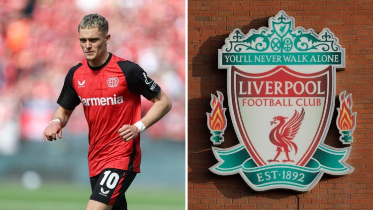 Split image of Florian Wirtz and Liverpool badge