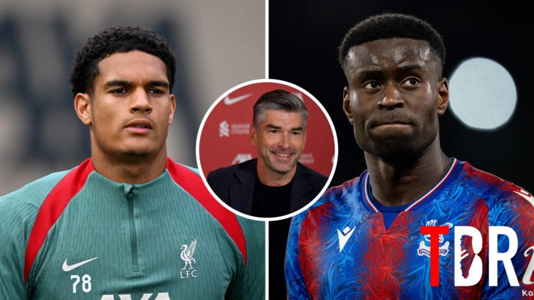 Split image of Liverpool defender Jarell Quansah and Crystal Palace defender Marc Guehi with inset of Liverpool director Richard Hughes