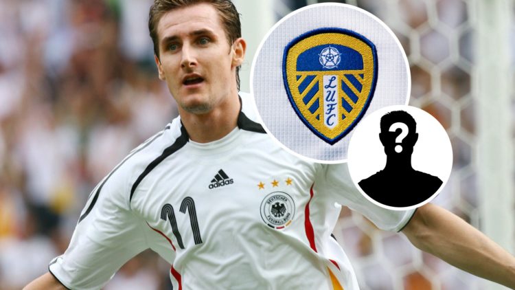 Image of Miroslav Klose celebrating a goal for Germany at the 2006 World Cup, Leeds United badge and mystery figure inset