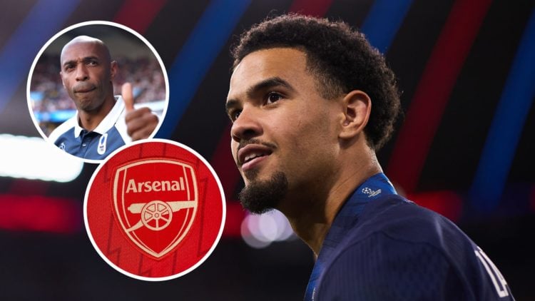 Paris Saint-Germain midfielder Warren Zaire-Emery with insets of Thierry Henry and Arsenal badge