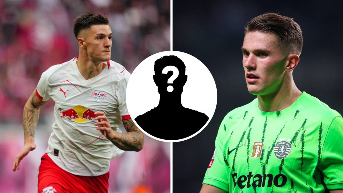 Split image of (L) Benjamin Sesko in action for RB Leipzig and (R) Viktor Gyokeres in action for Sporting CP, with an inset of a mystery player
