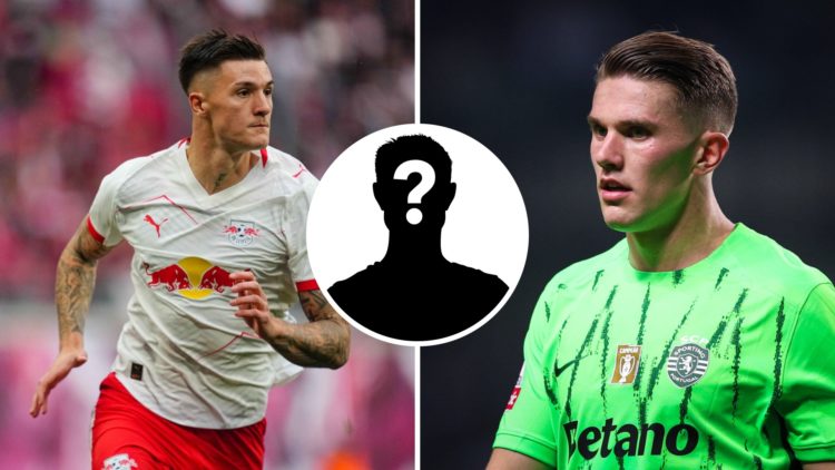 Split image of (L) Benjamin Sesko in action for RB Leipzig and (R) Viktor Gyokeres in action for Sporting CP, with an inset of a mystery player
