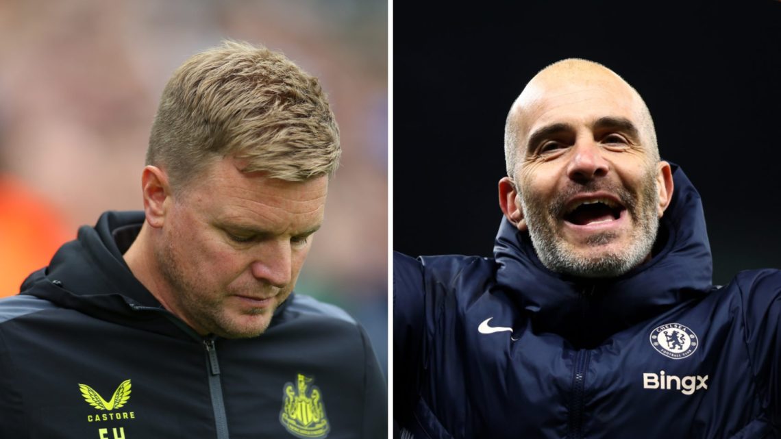Split image of (L) Eddie Howe looking dejected during a Newcastle United game and (R) Enzo Maresca celebrating after a Chelsea game