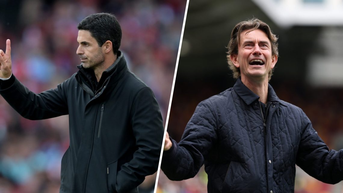 A split image of Mikel Arteta and Thomas Frank