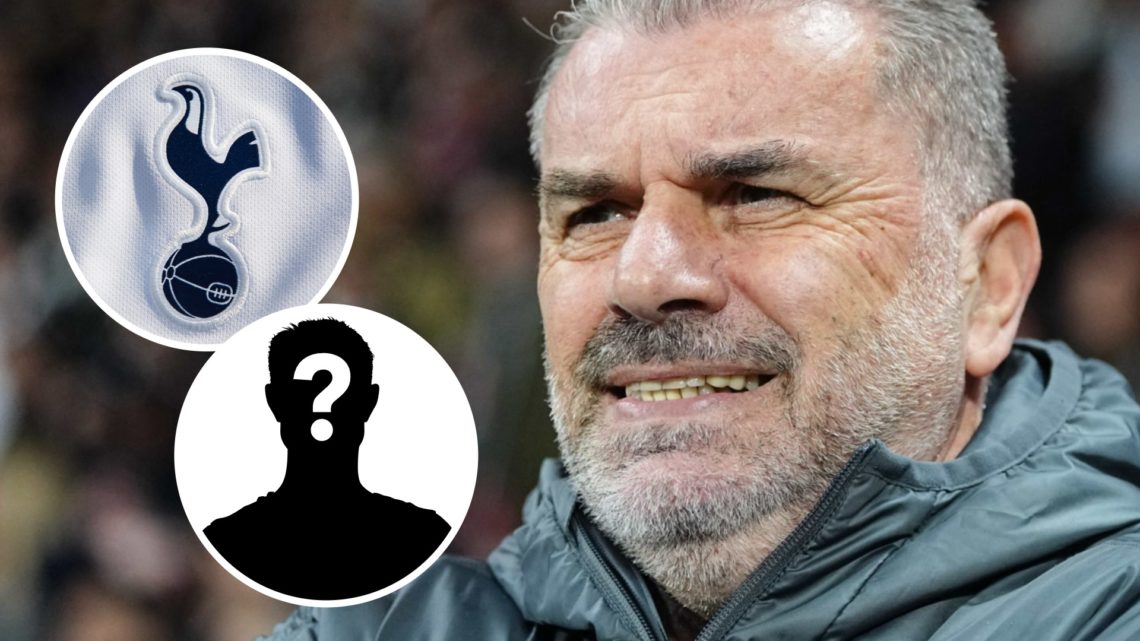 Tottenham Hotspur manager Ange Postecoglou. Inset of Tottenham badge and mystery player.