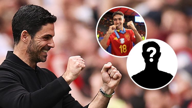 Image of Mikel Arteta celebrating an Arsenal goal with insets of Martin Zubimendi biting his Euro 2024 winners medal and a mystery player