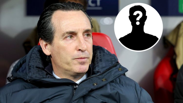 Image of Unai Emery looking on during Aston Villa vs Leipzig with overlay of mystery player