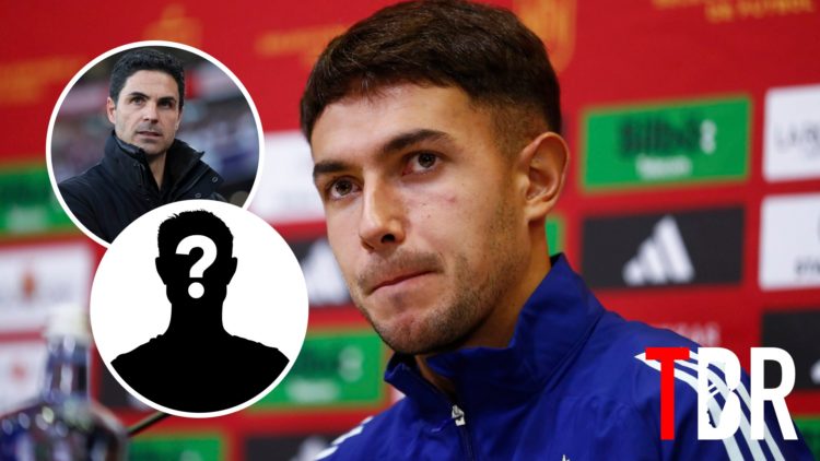 Real Sociedad midfielder Martin Zubimendi with inset of Arsenal manager Mikel Arteta and mystery silhouette