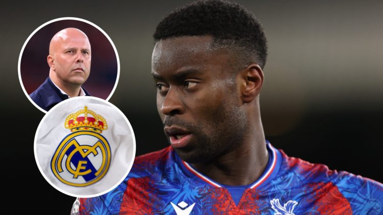 Crystal Palace defender Marc Guehi with inset of Liverpool manager Arne Slot and Real Madrid badge