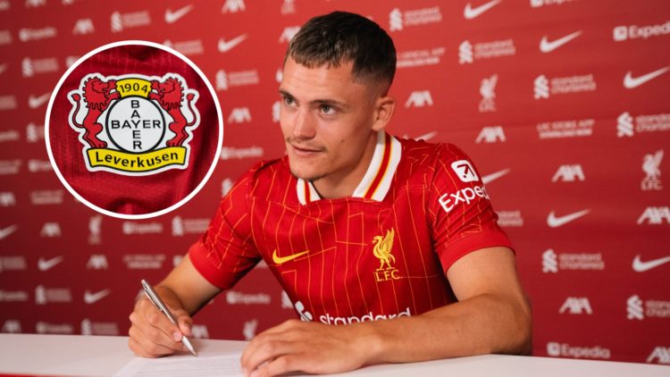 Liverpool midfielder Florian Wirtz with inset of Bayer Leverkusen badge