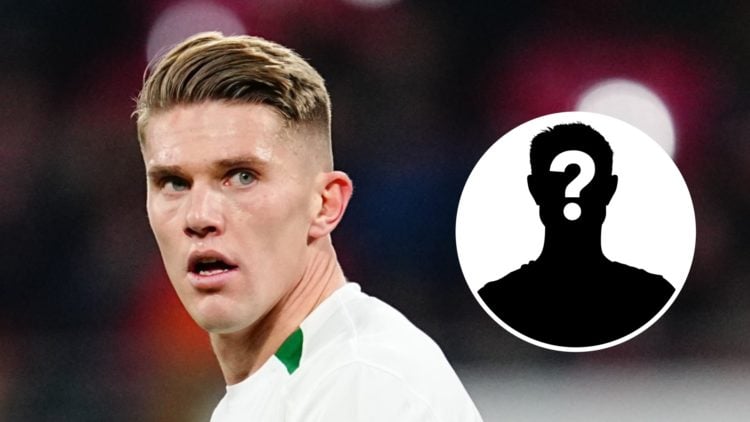 Viktor Gyokeres during a Champions League match for Sporting CP. Inset, question mark.
