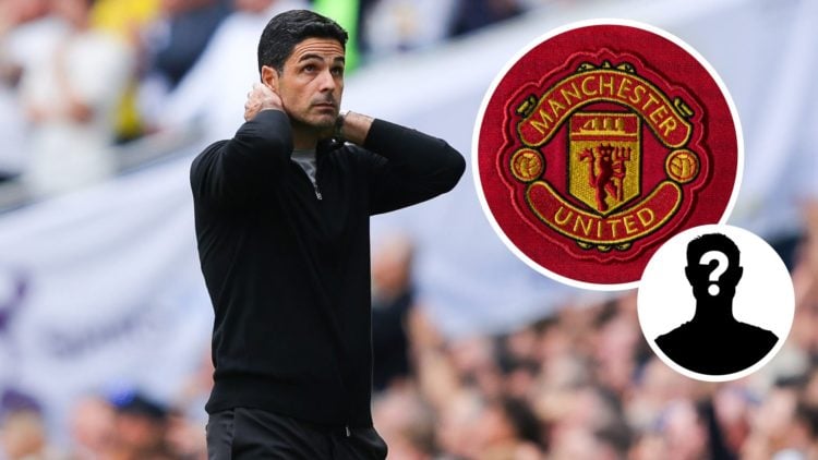 Mikel Arteta looks dejected during the Premier League clash between Arsenal and Tottenham, Manchester United badge and mystery figure inset