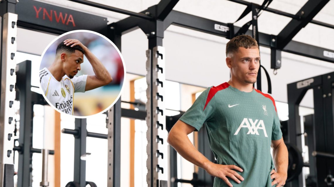 New Liverpool signing Florian Wirtz with inset of Real Madrid defender Trent Alexander-Arnold