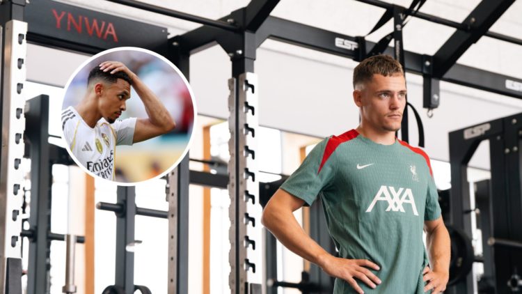 New Liverpool signing Florian Wirtz with inset of Real Madrid defender Trent Alexander-Arnold