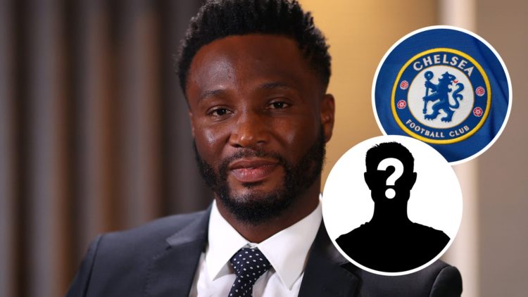 Chelsea legend Mikel John Obi with insets of Chelsea badge and mystery silhouette
