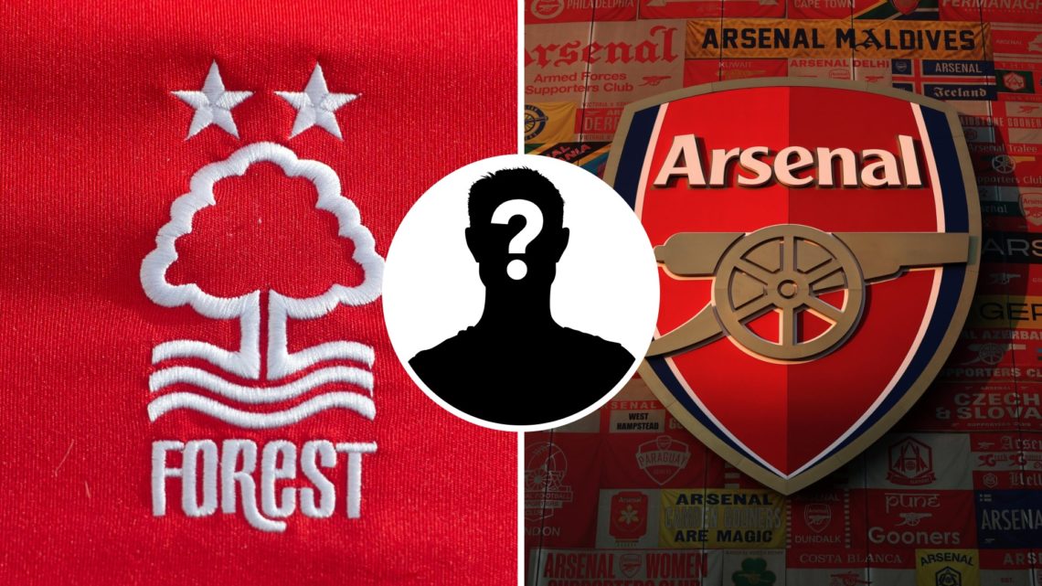 Split image of Nottingham Forest badge and Arsenal badge with overlay of mystery player