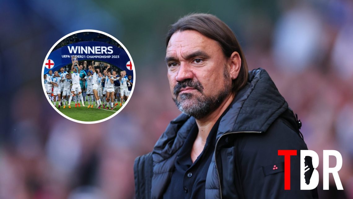 Leeds United manager Daniel Farke with inset of Max Aarons celebrating England Under-21s winning the U21 Euro title in 2023
