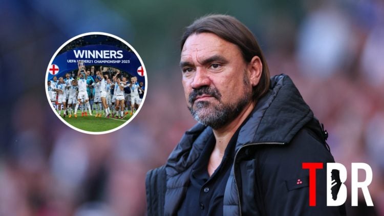Leeds United manager Daniel Farke with inset of Max Aarons celebrating England Under-21s winning the U21 Euro title in 2023