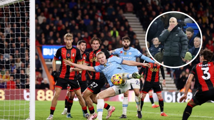 Illia Zabarnyi in action for Bournemouth against Manchester City with inset of Chelsea manager Enzo Maresca