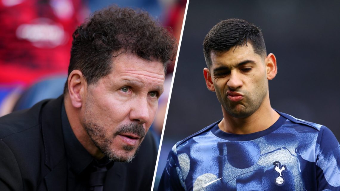 Split image of (L) Diego Simeone looking on during an Atletico Madrid game and (R) Cristian Romero reacting before a Tottenham game
