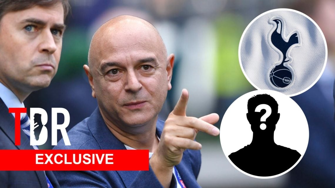 Tottenham Hotspur chairman Daniel Levy. Inset of Tottenham badge and mystery player.
