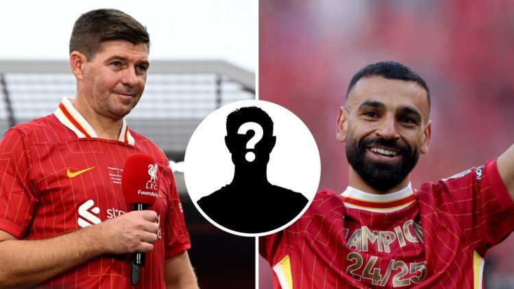 Split image of Steven Gerrard and Mohamed Salah with overlay of mystery player