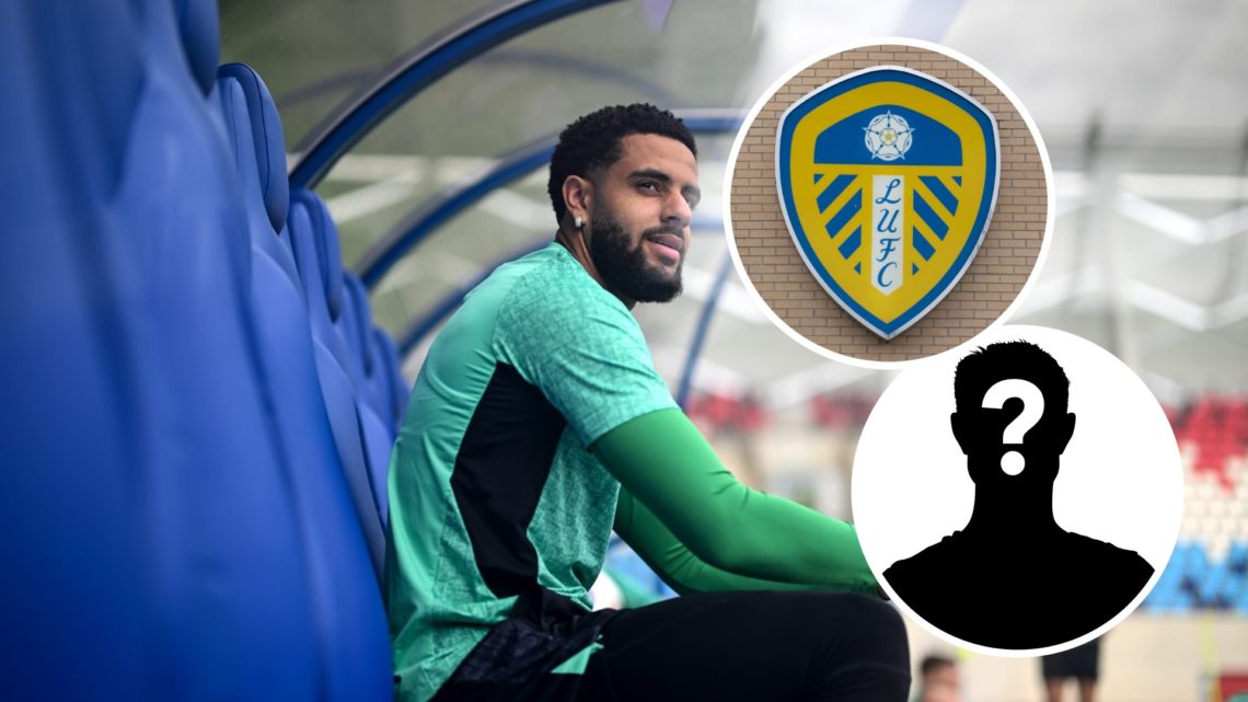 Republic of Ireland defender Andrew Omobamidele with insets of Leeds United badge and mystery silhouette