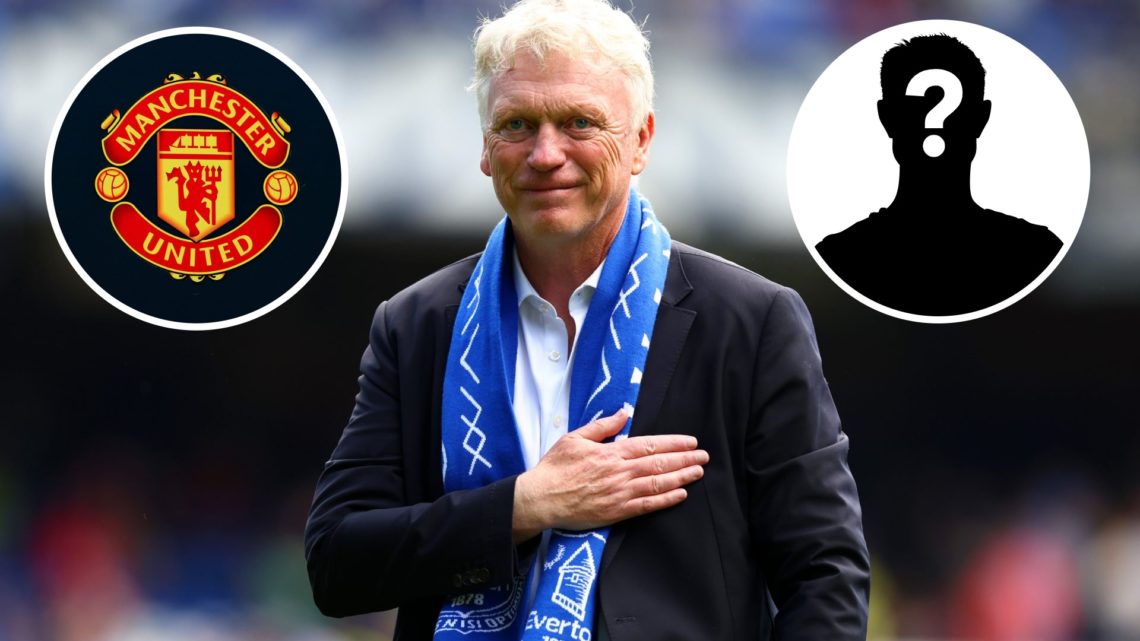 Image of Everton manager David Moyes after the game vs Southampton with overlay of Man United badge and mystery player inset