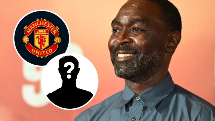 Manchester United legend Andrew Cole with inset of Manchester United badge