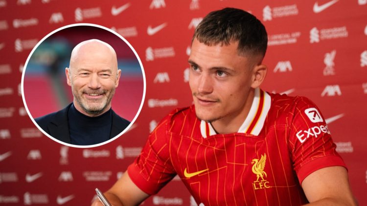 Florian Wirtz signing his Liverpool contract. Inset, Alan Shearer.