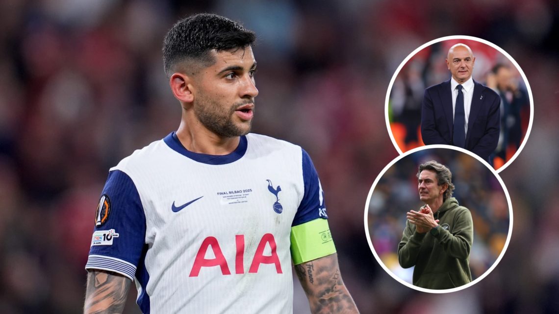 Tottenham Hotspur defender Cristian Romero during the Europa League final. Inset of Daniel Levy and Thomas Frank.