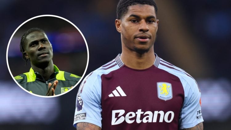 Marcus Rashford during an Aston Villa match. Inset, teammate Amadou Onana.