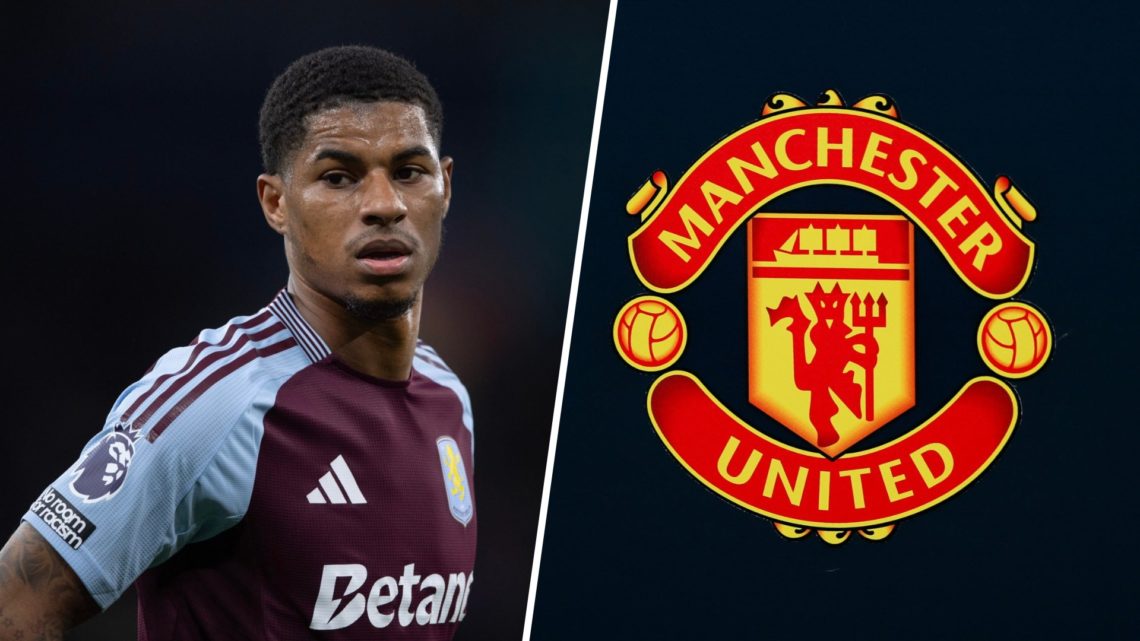 Split image of Marcus Rashford in action for Aston Villa and Manchester United badge