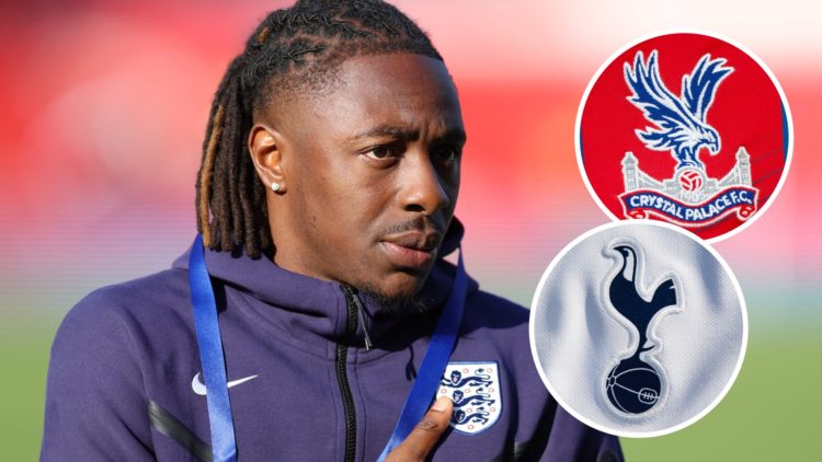 England international Eberechi Eze before friendly against Senegal. Inset of Tottenham Hotspur badge and Crystal Palace badge.