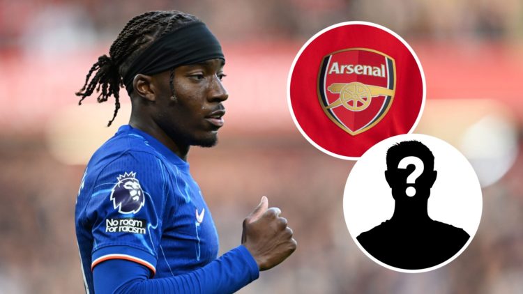 Noni Madueke playing for Chelsea at the Emirates Stadium. Inset, Arsenal badge and question mark.
