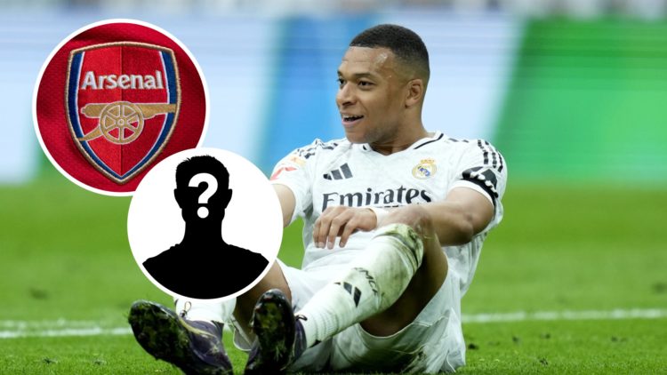 Kylian Mbappe during La Liga match between Real Madrid and Real Sociedad with Arsenal badge and mystery figure inset