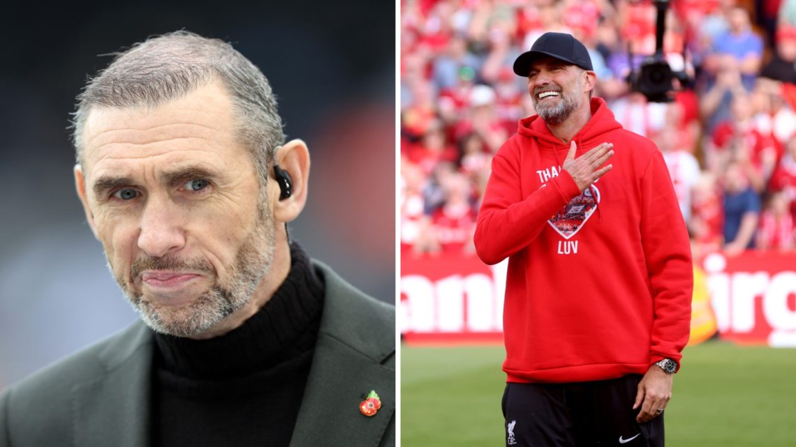 Split image of Martin Keown working as a pundit and Jurgen Klopp during his Anfield farewell