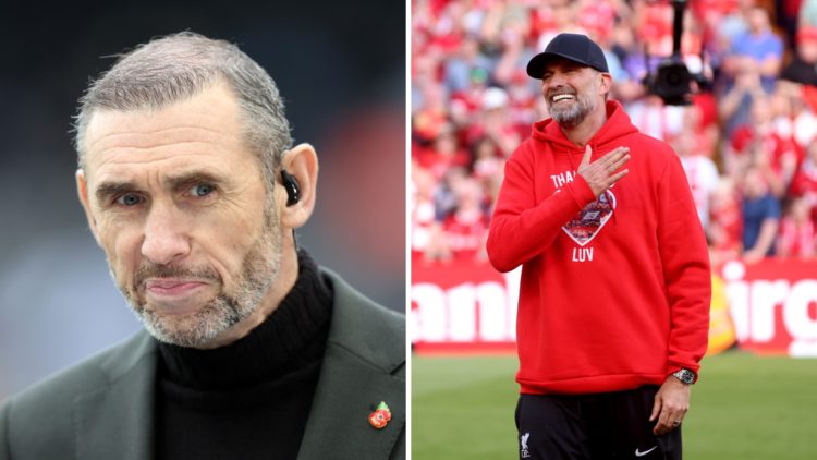 Split image of Martin Keown working as a pundit and Jurgen Klopp during his Anfield farewell